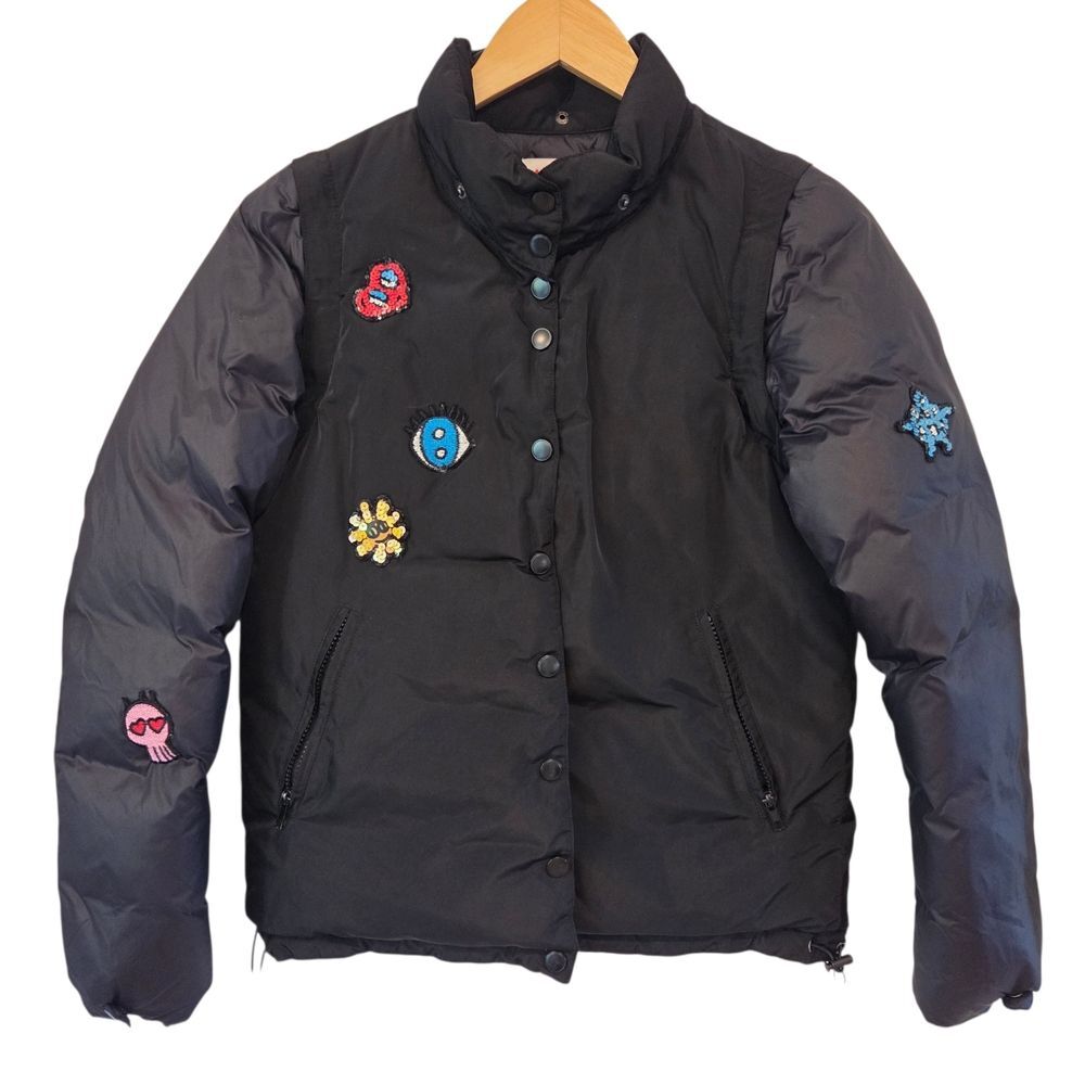 iiJin Down Puffer Black Jacket Patchwork Embellished Pop-Art Korean Vest Coat XS